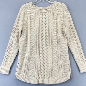 LL Bean Signature Cotton Cable Knit Zipper Detail Cream Sweater Womens Size M